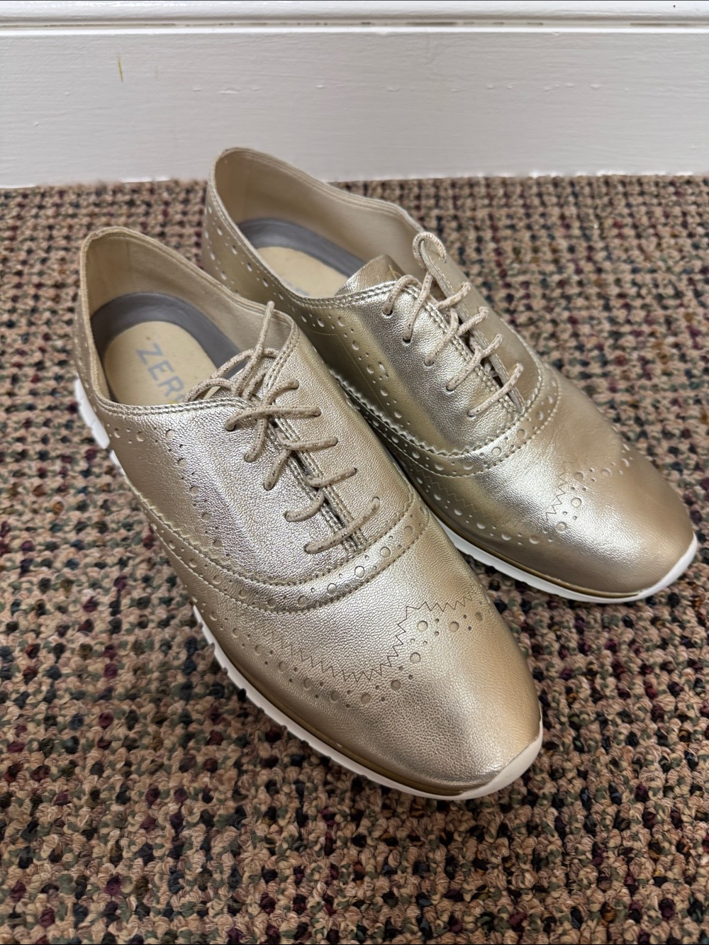 Cole Haan Zerogrand Oxfords Women's 7.5 B Gold Metallic Leather Wingtip Shoes